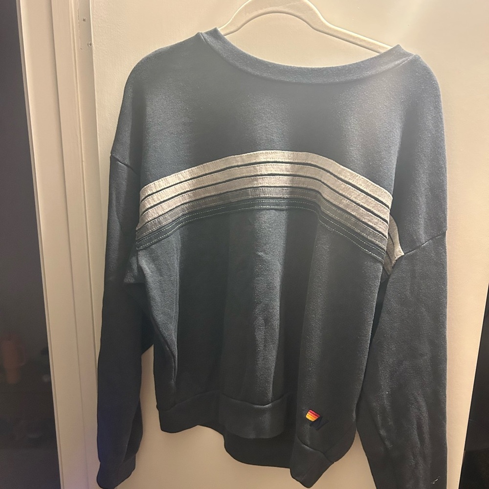 Aviator Nation 5 Stripe Relaxed Crew Sweatshirt - Charcoal / Grey - Small